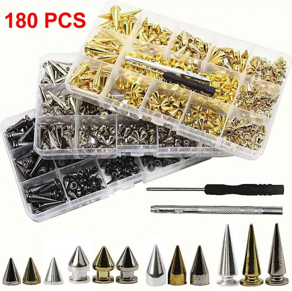 180 Sets Gold Bullet Cone Spikes and Studs Cone Spikes Punk Spikes Leather Craft Rivet Screws for DIY Craft Clothing Shoes Leather Belts Bag