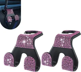 2 PCS Bling Car Seat Headrest Hook, Hanging Storage Double Hooks for Backpacks Umbrellas Shopping Bags, Shiny Diamond Decoration Multifunctional Mobile Phone Holder, for SUVs Sedans (Pink)
