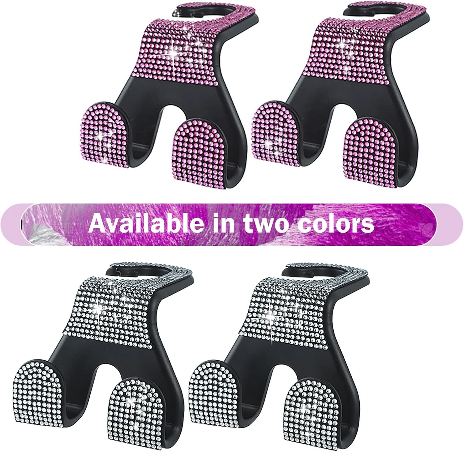 2 PCS Bling Car Seat Headrest Hook, Hanging Storage Double Hooks for Backpacks Umbrellas Shopping Bags, Shiny Diamond Decoration Multifunctional Mobile Phone Holder, for SUVs Sedans (Pink)