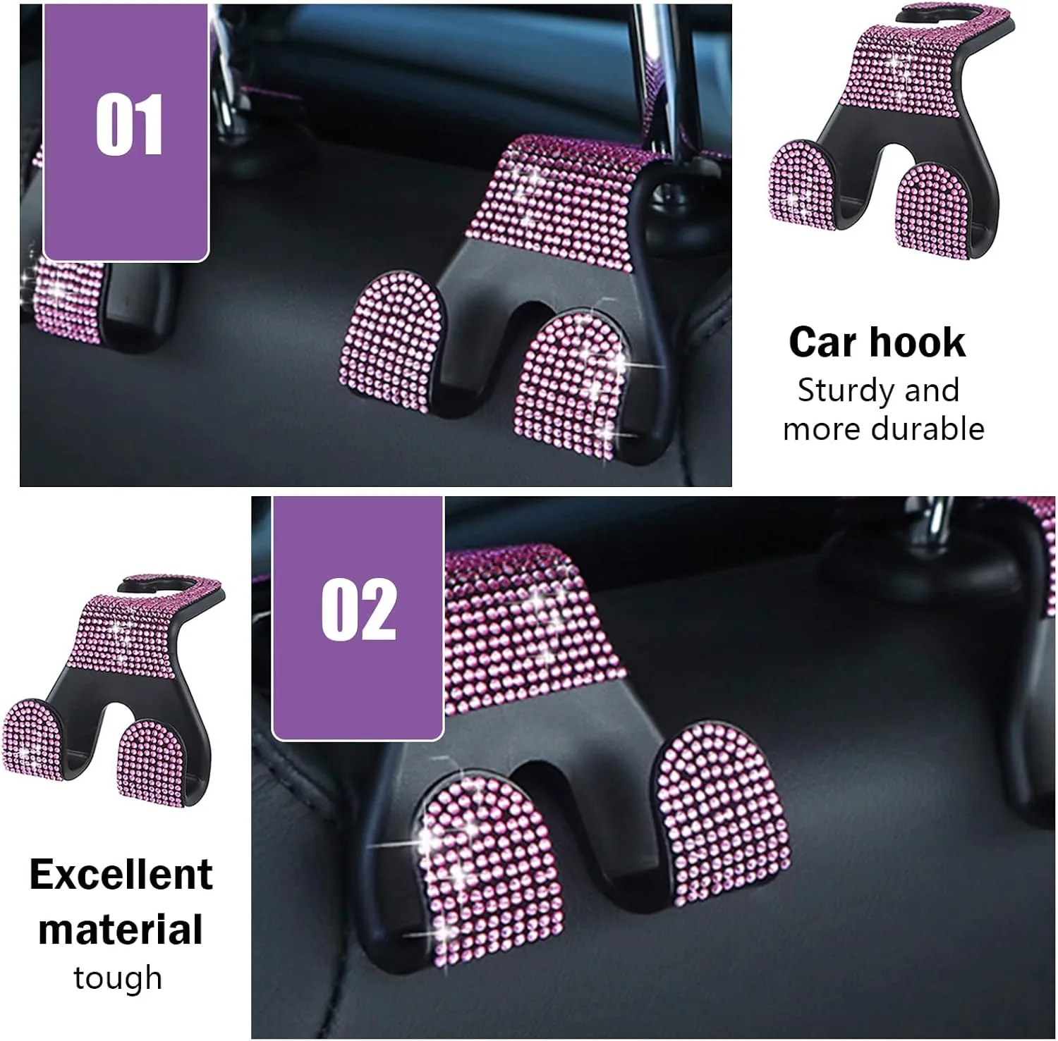 2 PCS Bling Car Seat Headrest Hook, Hanging Storage Double Hooks for Backpacks Umbrellas Shopping Bags, Shiny Diamond Decoration Multifunctional Mobile Phone Holder, for SUVs Sedans (Pink)