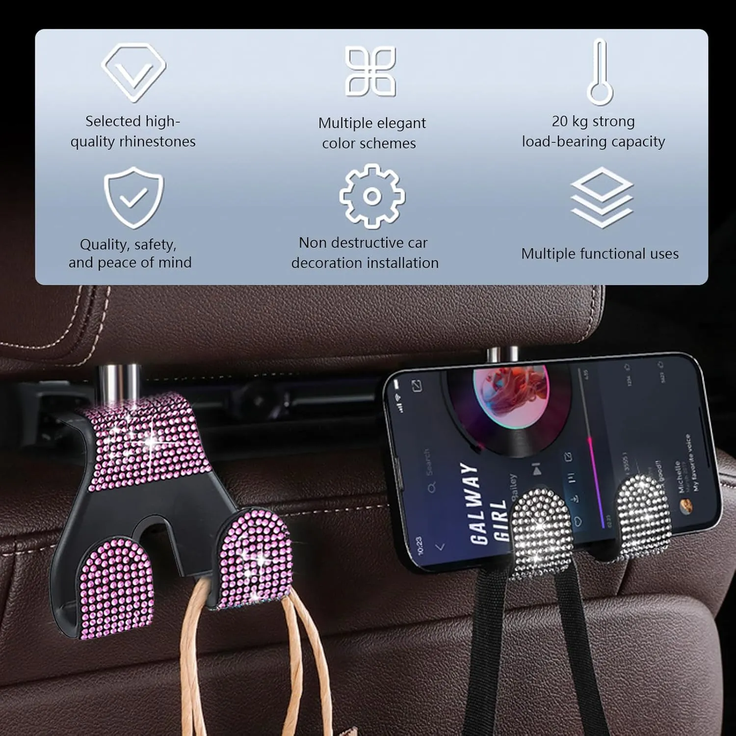 2 PCS Bling Car Seat Headrest Hook, Hanging Storage Double Hooks for Backpacks Umbrellas Shopping Bags, Shiny Diamond Decoration Multifunctional Mobile Phone Holder, for SUVs Sedans (Pink)