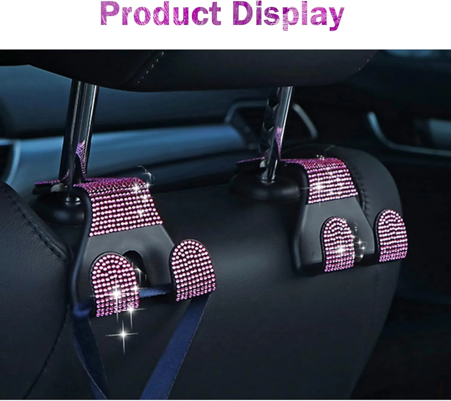 2 PCS Bling Car Seat Headrest Hook, Hanging Storage Double Hooks for Backpacks Umbrellas Shopping Bags, Shiny Diamond Decoration Multifunctional Mobile Phone Holder, for SUVs Sedans (Pink)