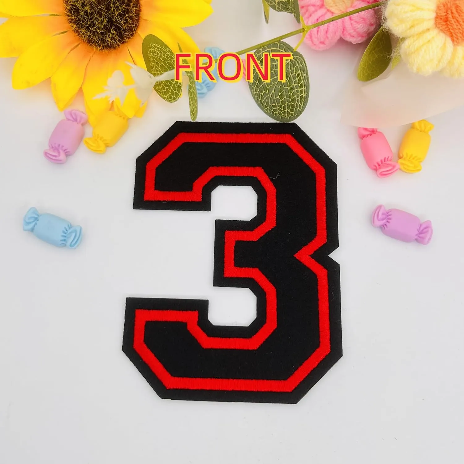 2Pcs 4.5" Black Embroidered Number Patches, Iron-On or Sew-On Appliques for Clothing, Jackets, Backpacks  Varsity Style with Red Border (Black 3)