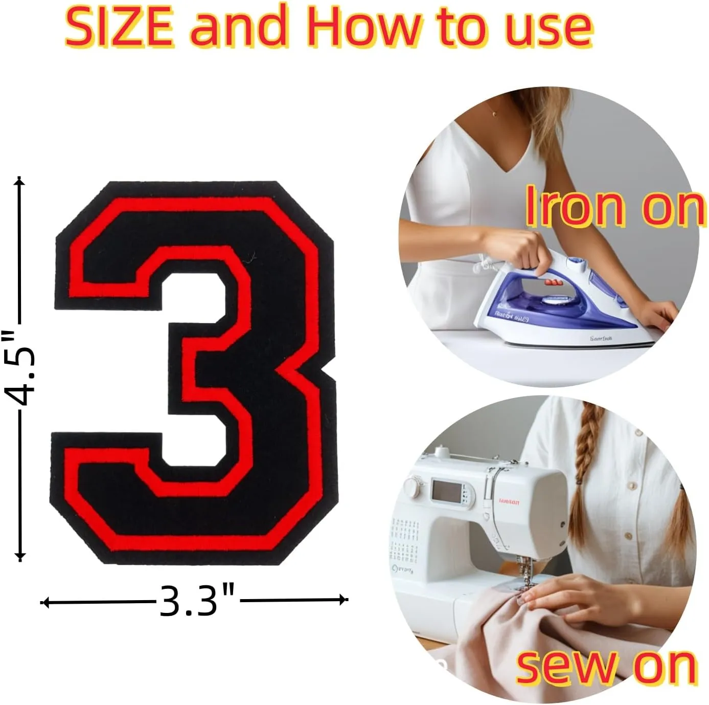 2Pcs 4.5" Black Embroidered Number Patches, Iron-On or Sew-On Appliques for Clothing, Jackets, Backpacks  Varsity Style with Red Border (Black 3)