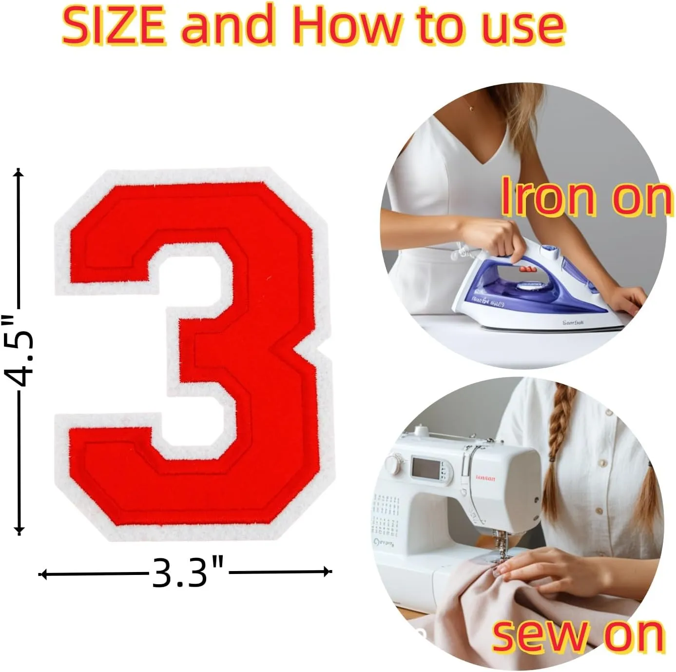2Pcs 4.5" Red Embroidered Number Patches, Iron-On or Sew-On Appliques for Clothing, Jackets, Backpacks  Varsity Style with White Border (red 3)