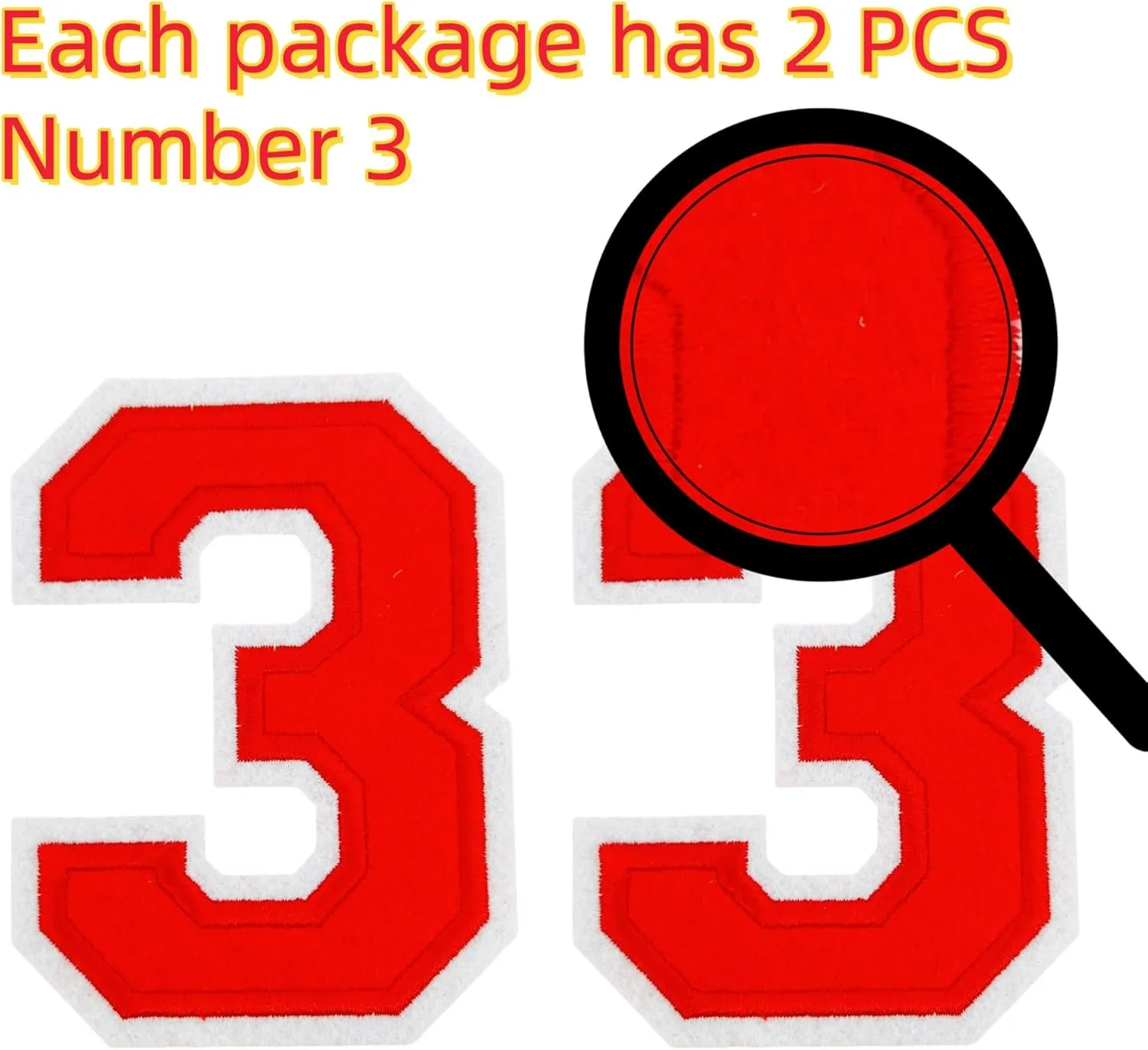 2Pcs 4.5" Red Embroidered Number Patches, Iron-On or Sew-On Appliques for Clothing, Jackets, Backpacks  Varsity Style with White Border (red 3)