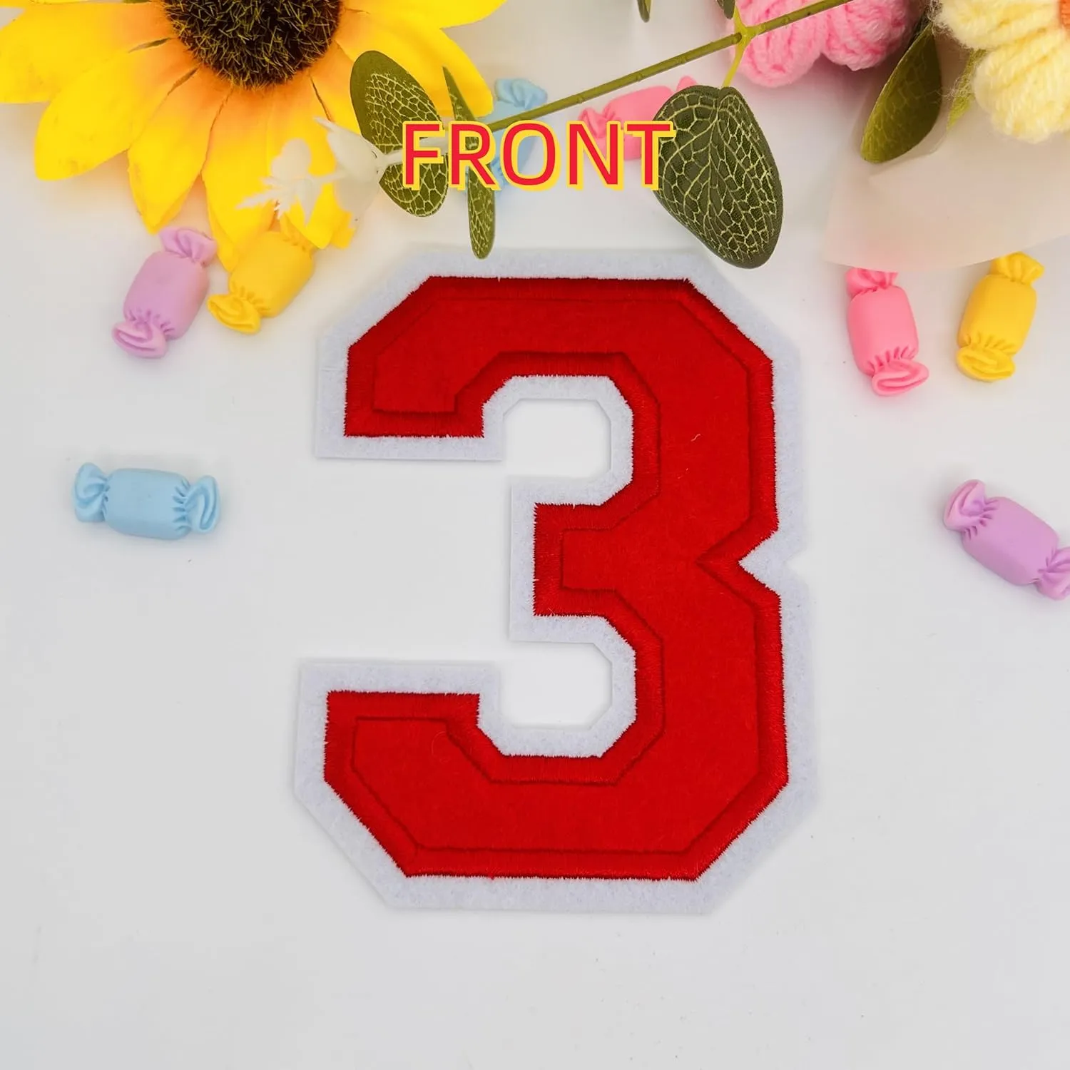 2Pcs 4.5" Red Embroidered Number Patches, Iron-On or Sew-On Appliques for Clothing, Jackets, Backpacks  Varsity Style with White Border (red 3)