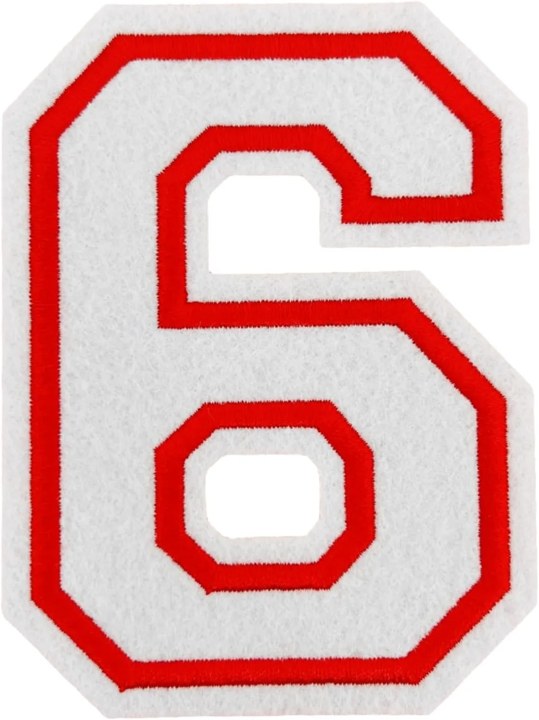 2Pcs 4.5" White Embroidered Number Patches, Iron-On or Sew-On Appliques for Clothing, Jackets, Backpacks  Varsity Style with Red Border (White 6)