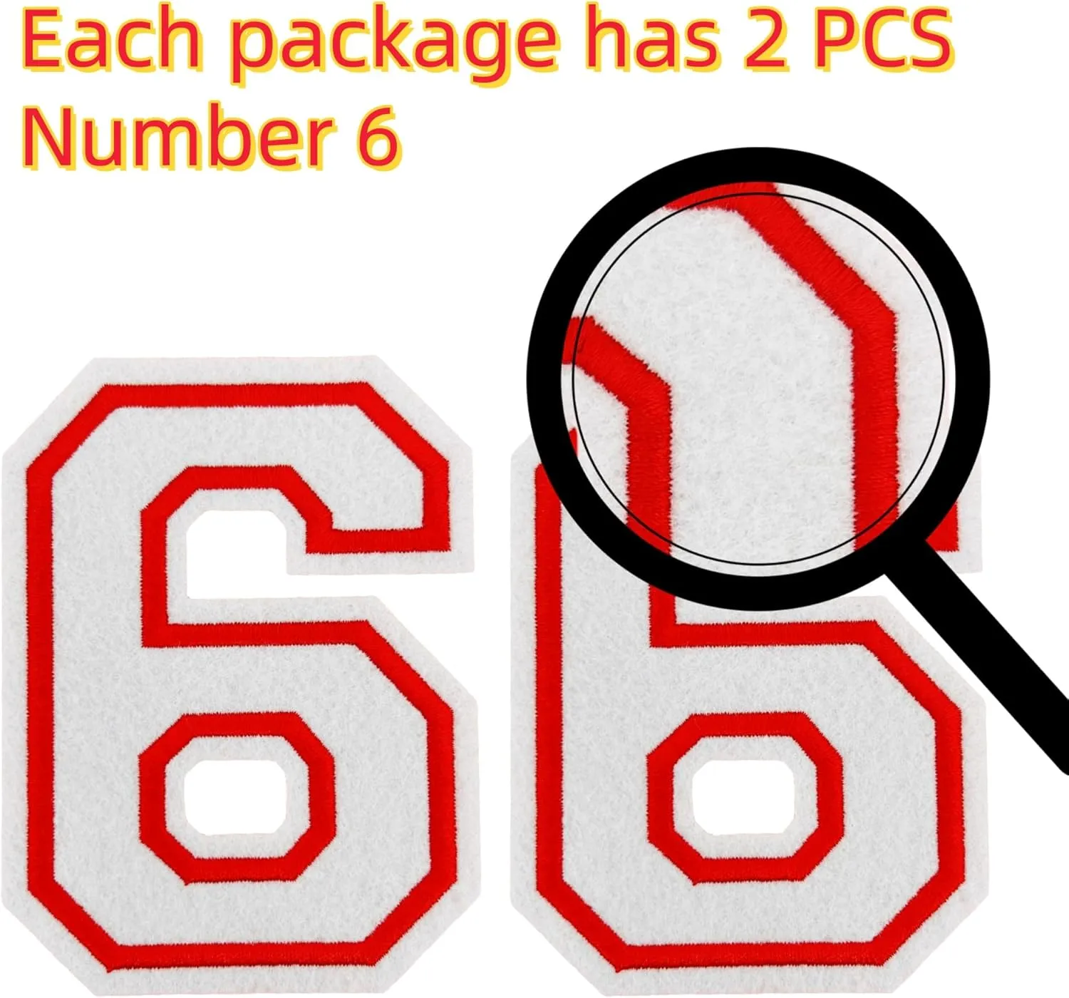 2Pcs 4.5" White Embroidered Number Patches, Iron-On or Sew-On Appliques for Clothing, Jackets, Backpacks  Varsity Style with Red Border (White 6)