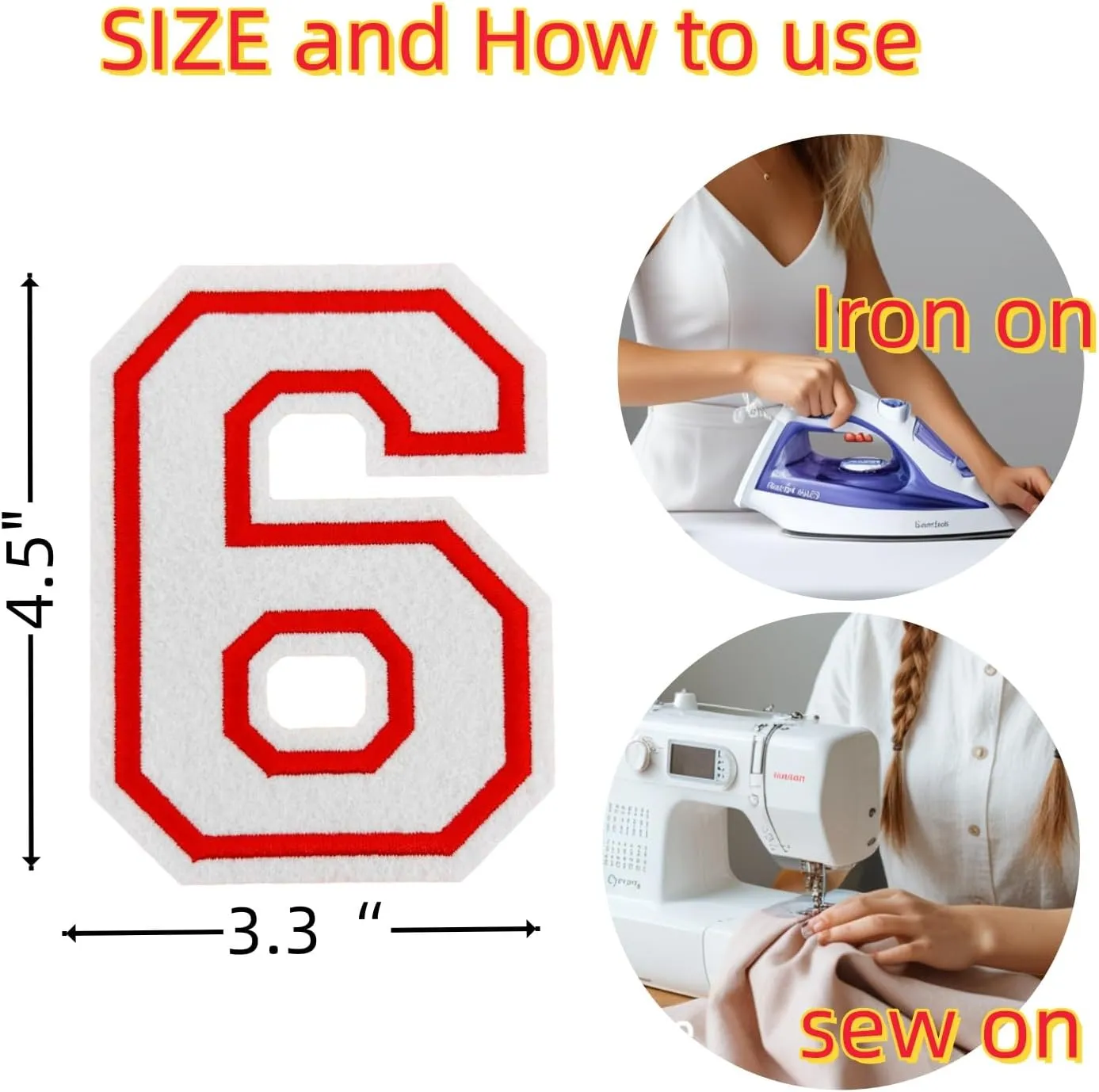 2Pcs 4.5" White Embroidered Number Patches, Iron-On or Sew-On Appliques for Clothing, Jackets, Backpacks  Varsity Style with Red Border (White 6)