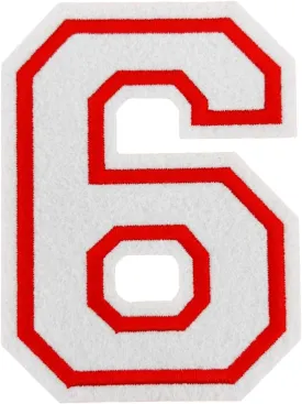 2Pcs 4.5" White Embroidered Number Patches, Iron-On or Sew-On Appliques for Clothing, Jackets, Backpacks  Varsity Style with Red Border (White 6)