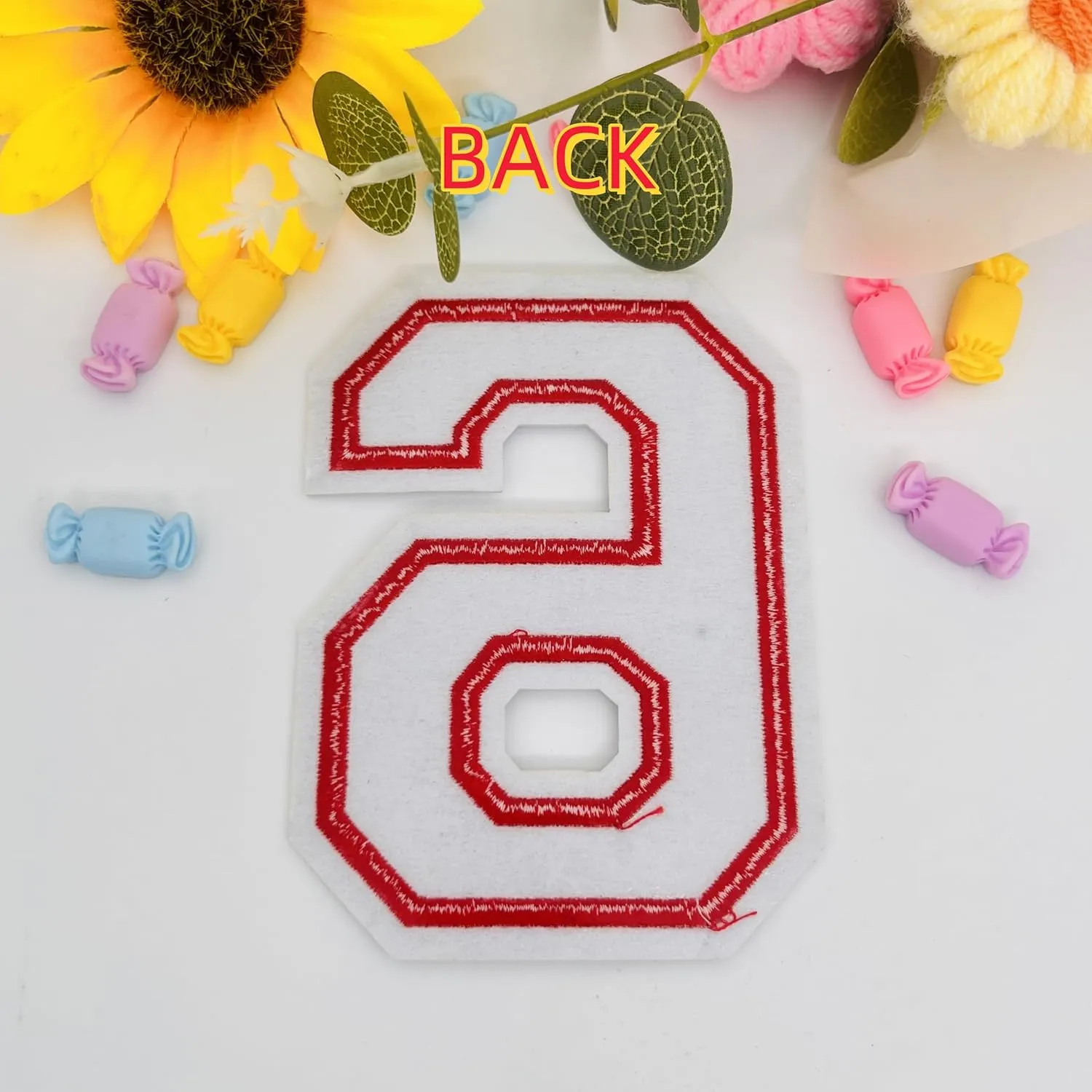2Pcs 4.5" White Embroidered Number Patches, Iron-On or Sew-On Appliques for Clothing, Jackets, Backpacks  Varsity Style with Red Border (White 6)