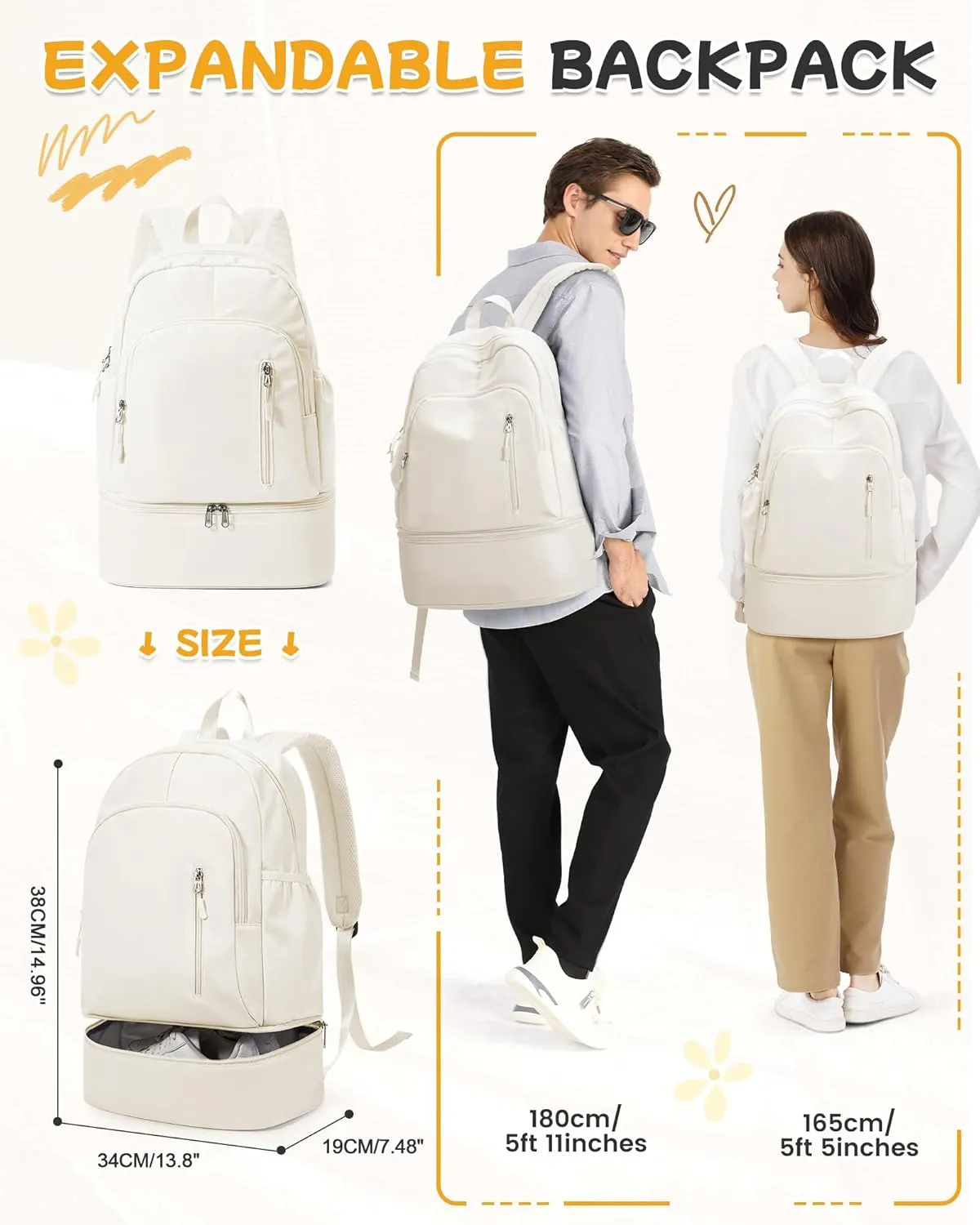 BJLFS Gym Backpack for Women Foldable Outdoor Weekender Gym Bag with Shoe Compartment & Wet Pocket, Waterproof Sports Backpack, Dance Back Pack & Yoga Track Bag-Beige