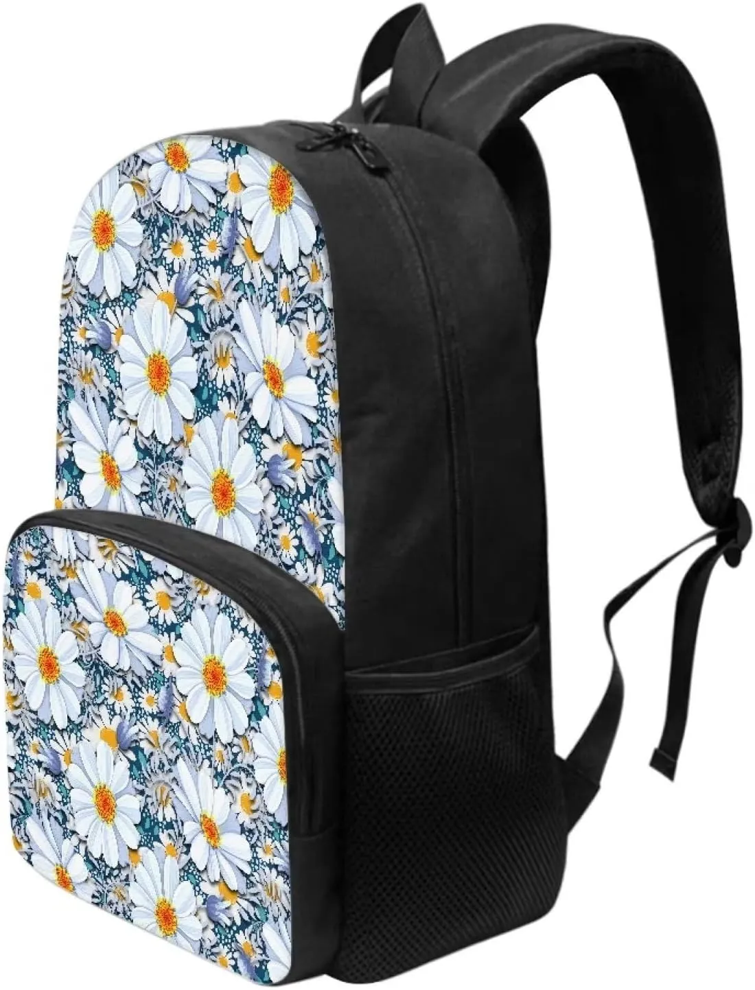 Black Floral Backpacks for Girls Student Durable Lightweight Large Capacity 17 Inch Cute Elementary School Backpack Kids Double Zipper Bookbag Travel Daypack with Front Pocket