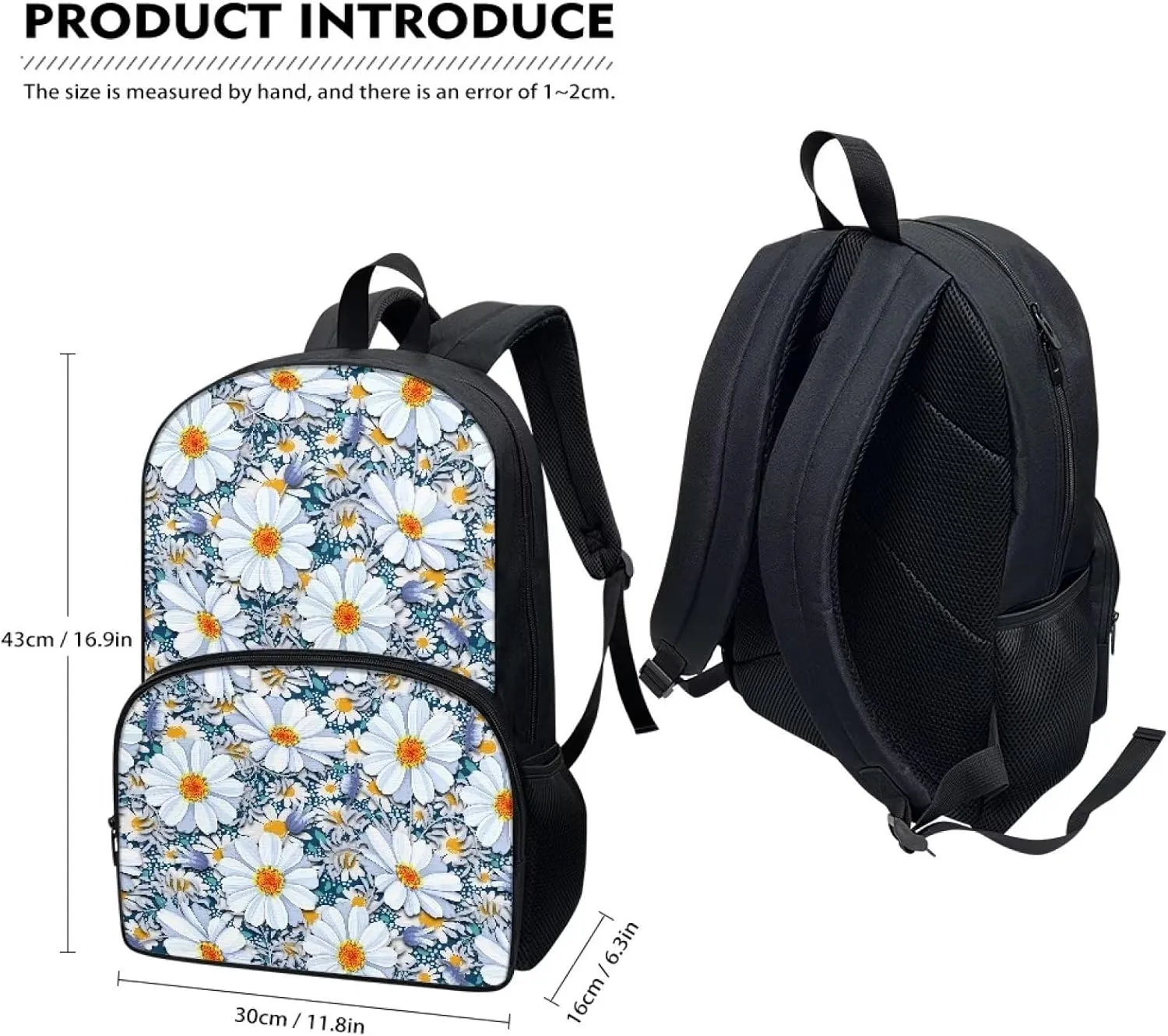 Black Floral Backpacks for Girls Student Durable Lightweight Large Capacity 17 Inch Cute Elementary School Backpack Kids Double Zipper Bookbag Travel Daypack with Front Pocket