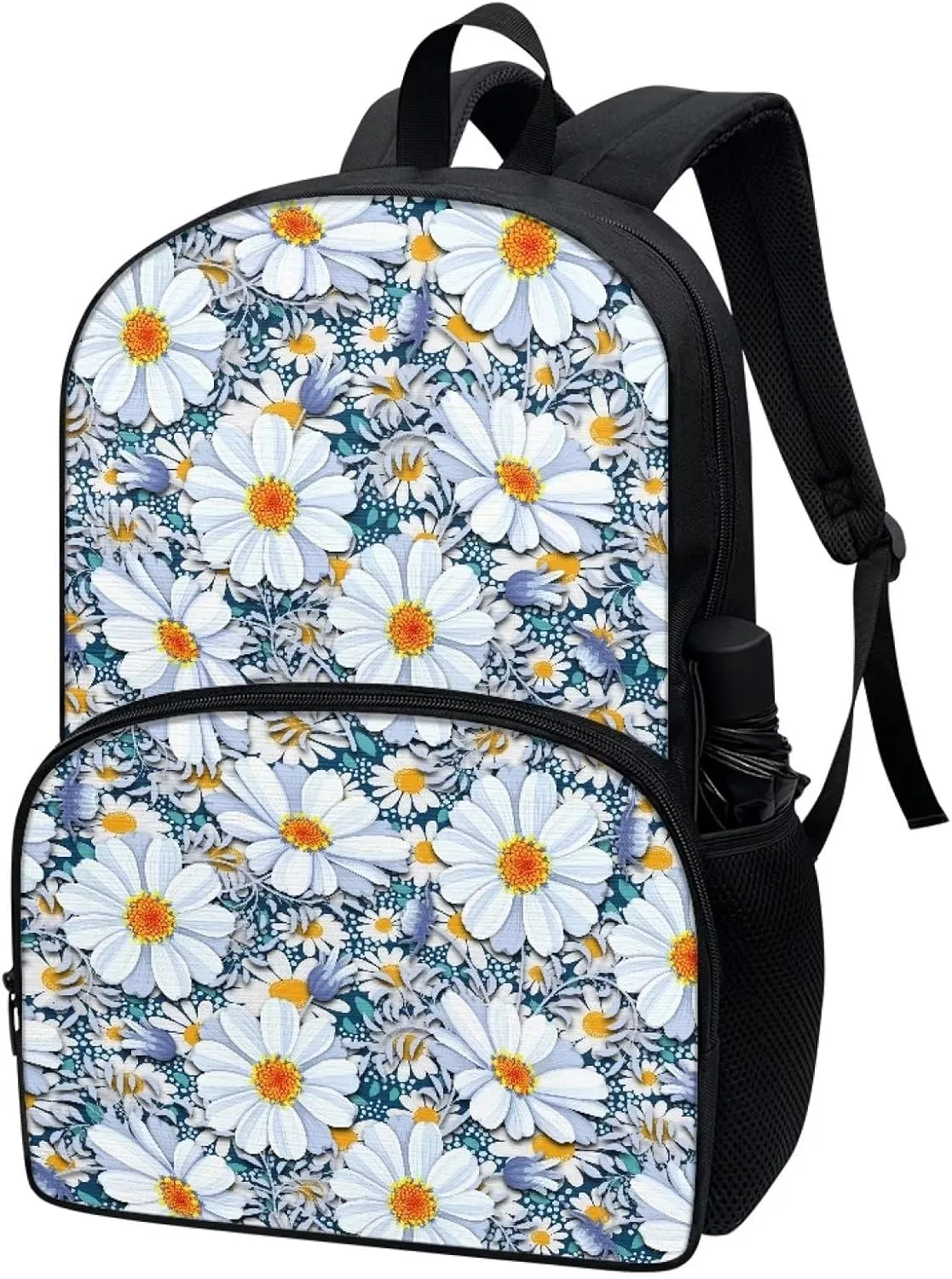 Black Floral Backpacks for Girls Student Durable Lightweight Large Capacity 17 Inch Cute Elementary School Backpack Kids Double Zipper Bookbag Travel Daypack with Front Pocket