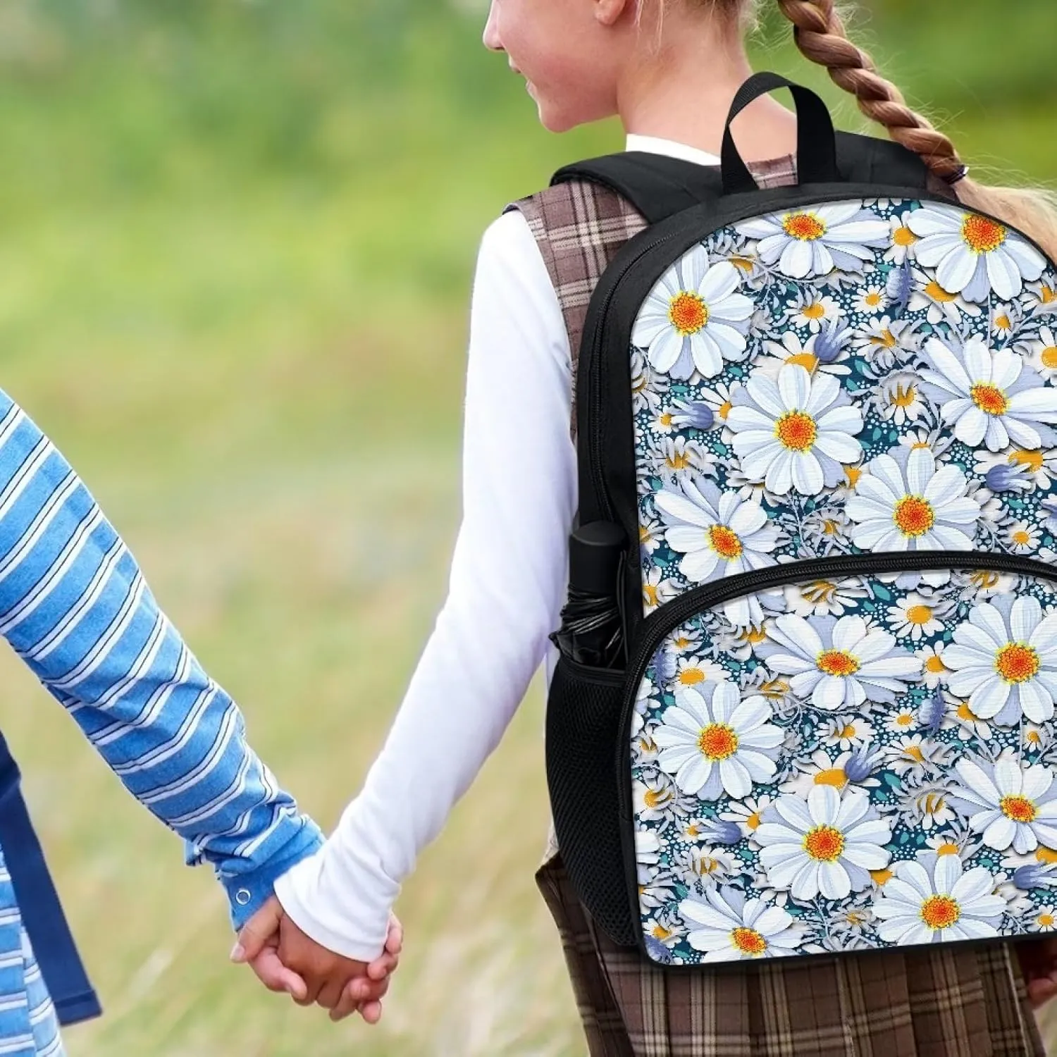 Black Floral Backpacks for Girls Student Durable Lightweight Large Capacity 17 Inch Cute Elementary School Backpack Kids Double Zipper Bookbag Travel Daypack with Front Pocket