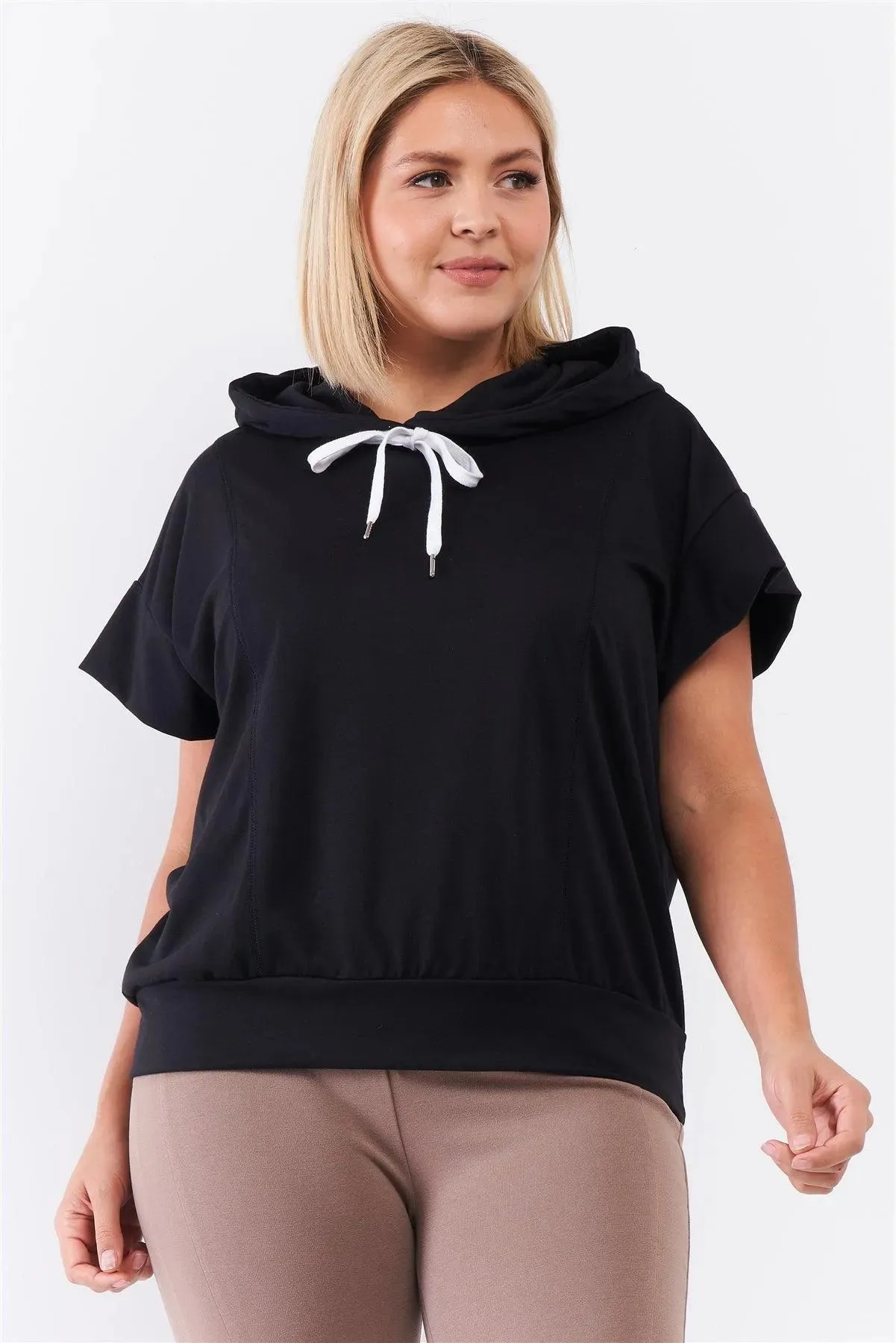 Black Short Wing Sleeve Relaxed Fit White Draw String Tie Hood Detail Top /2-2-1