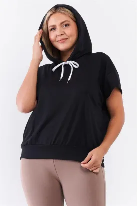 Black Short Wing Sleeve Relaxed Fit White Draw String Tie Hood Detail Top /2-2-1