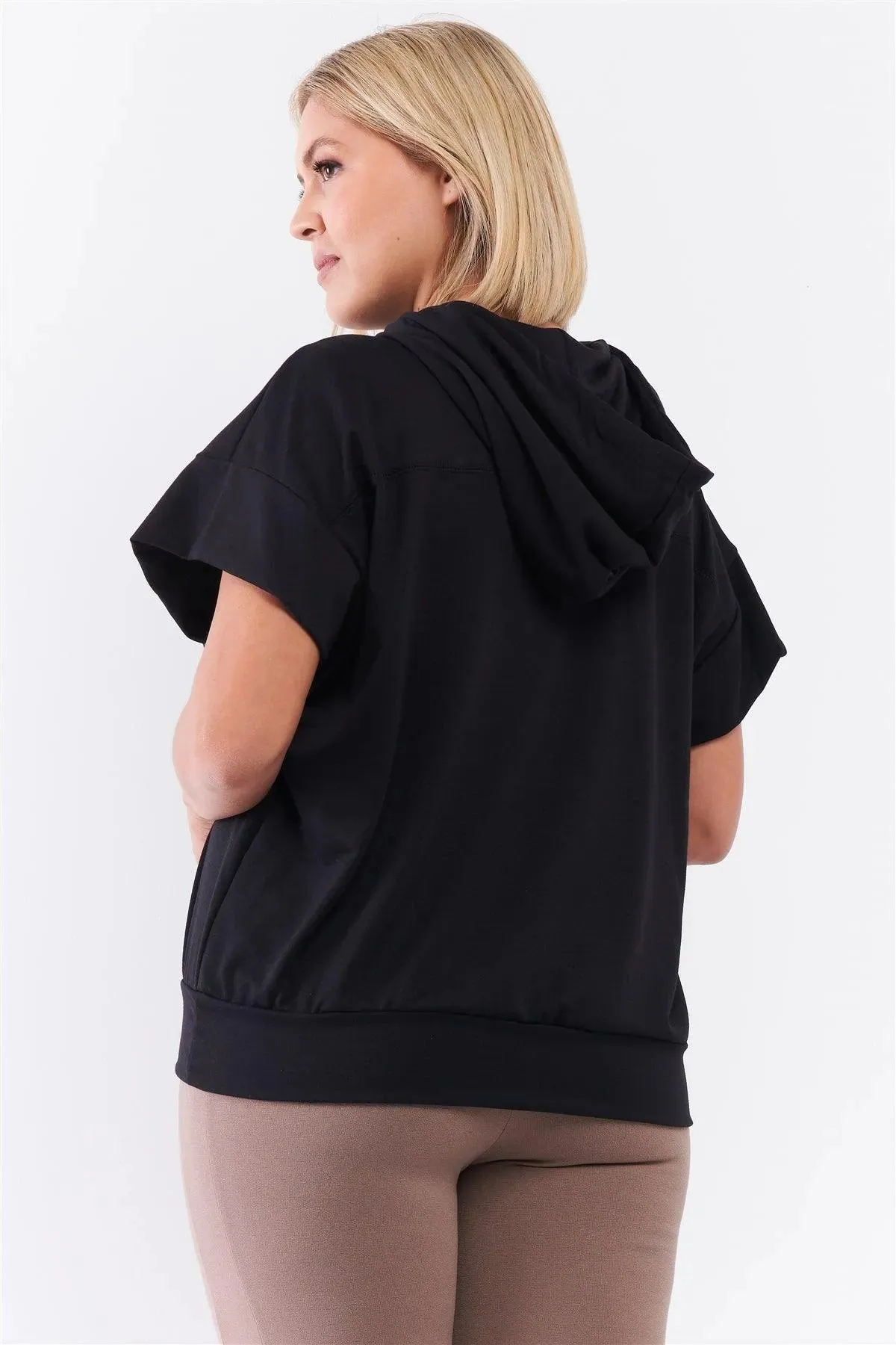 Black Short Wing Sleeve Relaxed Fit White Draw String Tie Hood Detail Top /2-2-1