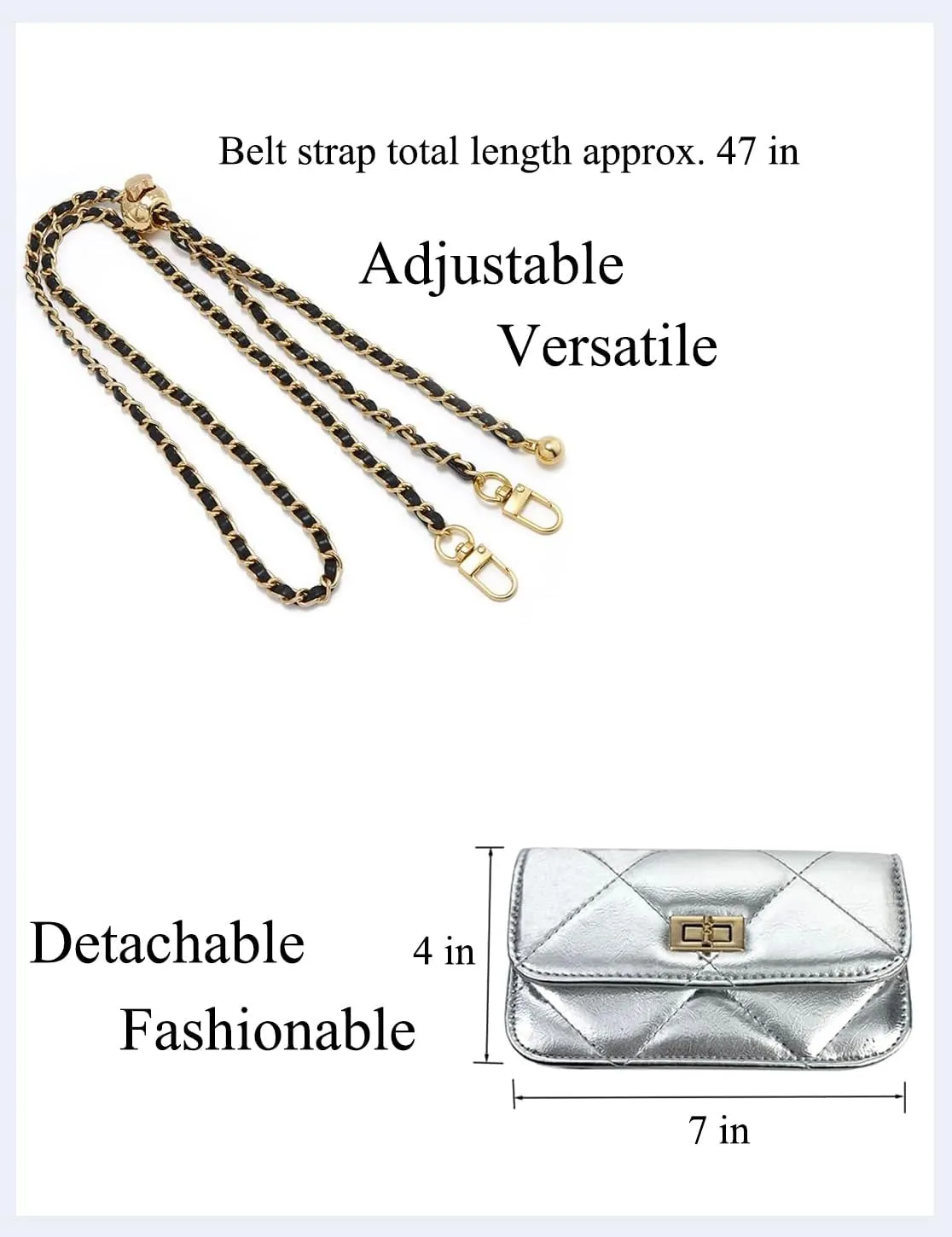 Chain Belt Bag Adjustable Crossbody Purse Trendy Fanny Packs for Women Fashion Silver Evening Clutch Handbag Detachable