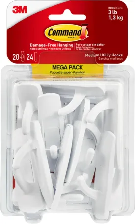 Command Medium Utility Hooks, 20 Hooks and 24 Command Strips, Damage Free Hanging Wall Hooks with Adhesive Strips, No Tools Adhesive Hooks for Hanging, Organization and Storage, Holds up to 3 lb