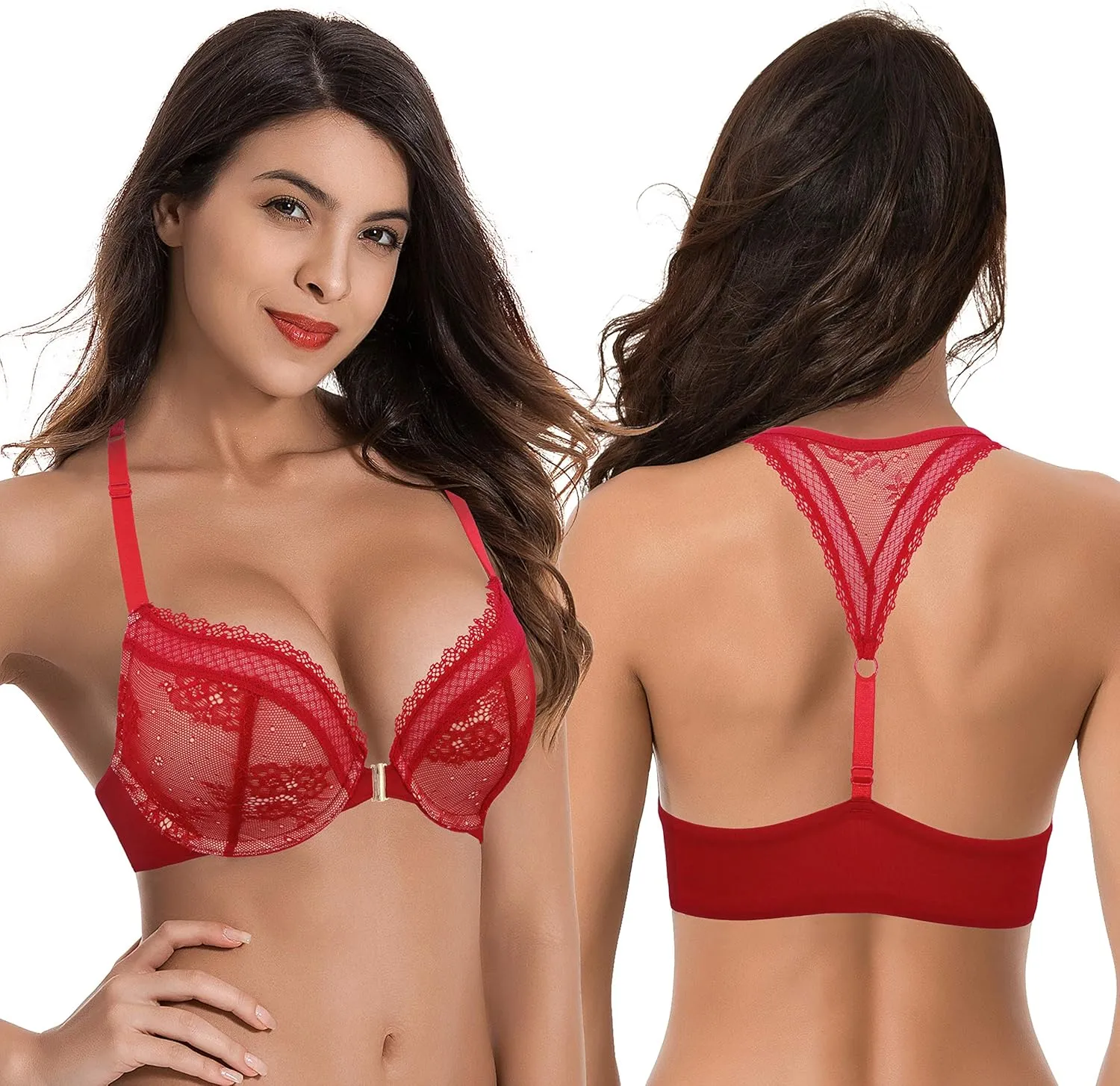 Curve Muse Women's Plus Size Push Up Add 1 Cup Underwire Halter Front Close Bras
