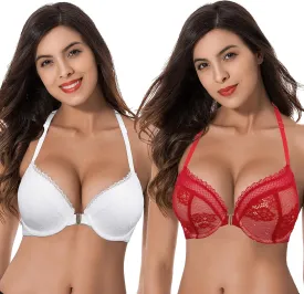 Curve Muse Women's Plus Size Push Up Add 1 Cup Underwire Halter Front Close Bras