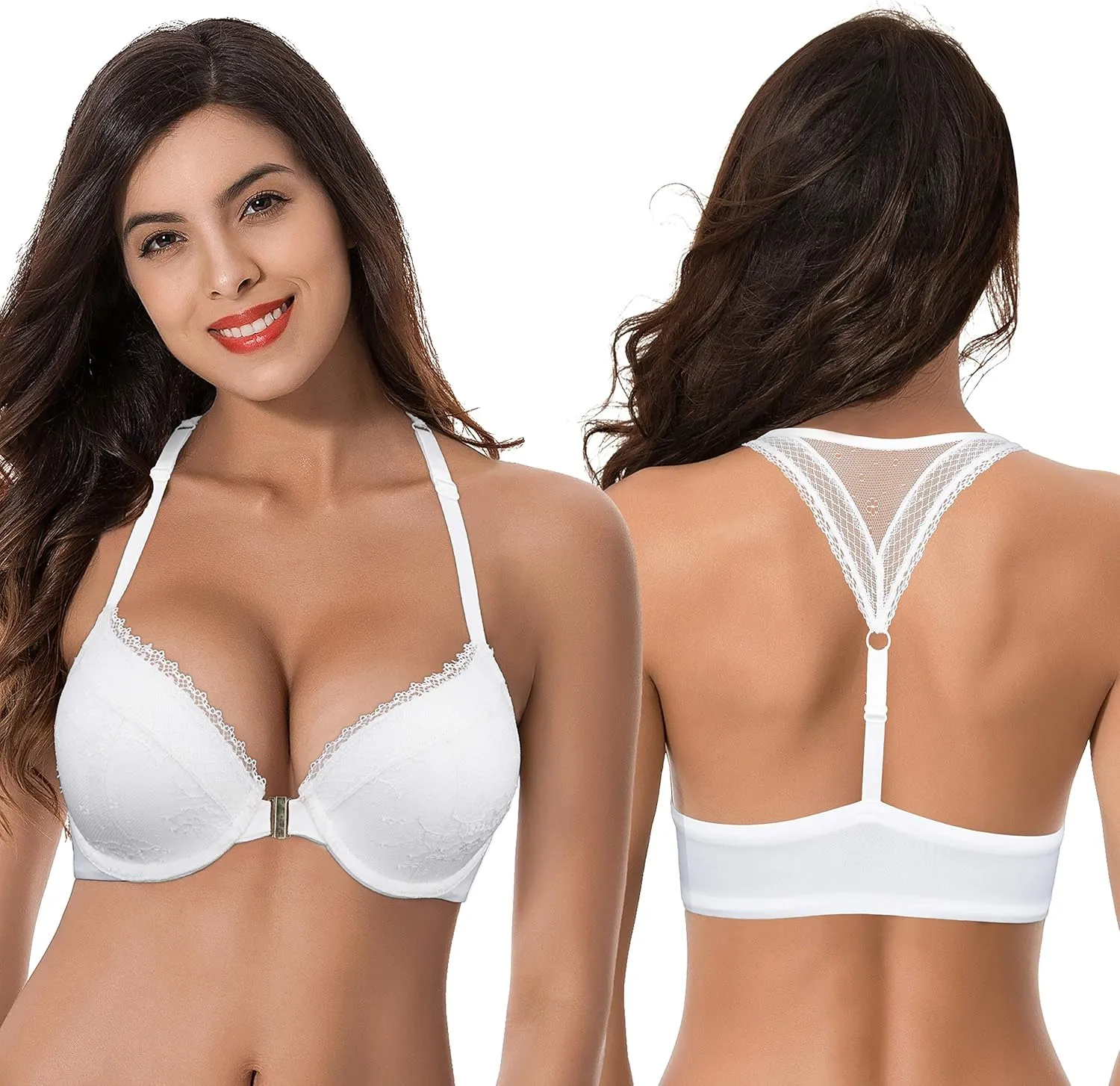 Curve Muse Women's Plus Size Push Up Add 1 Cup Underwire Halter Front Close Bras