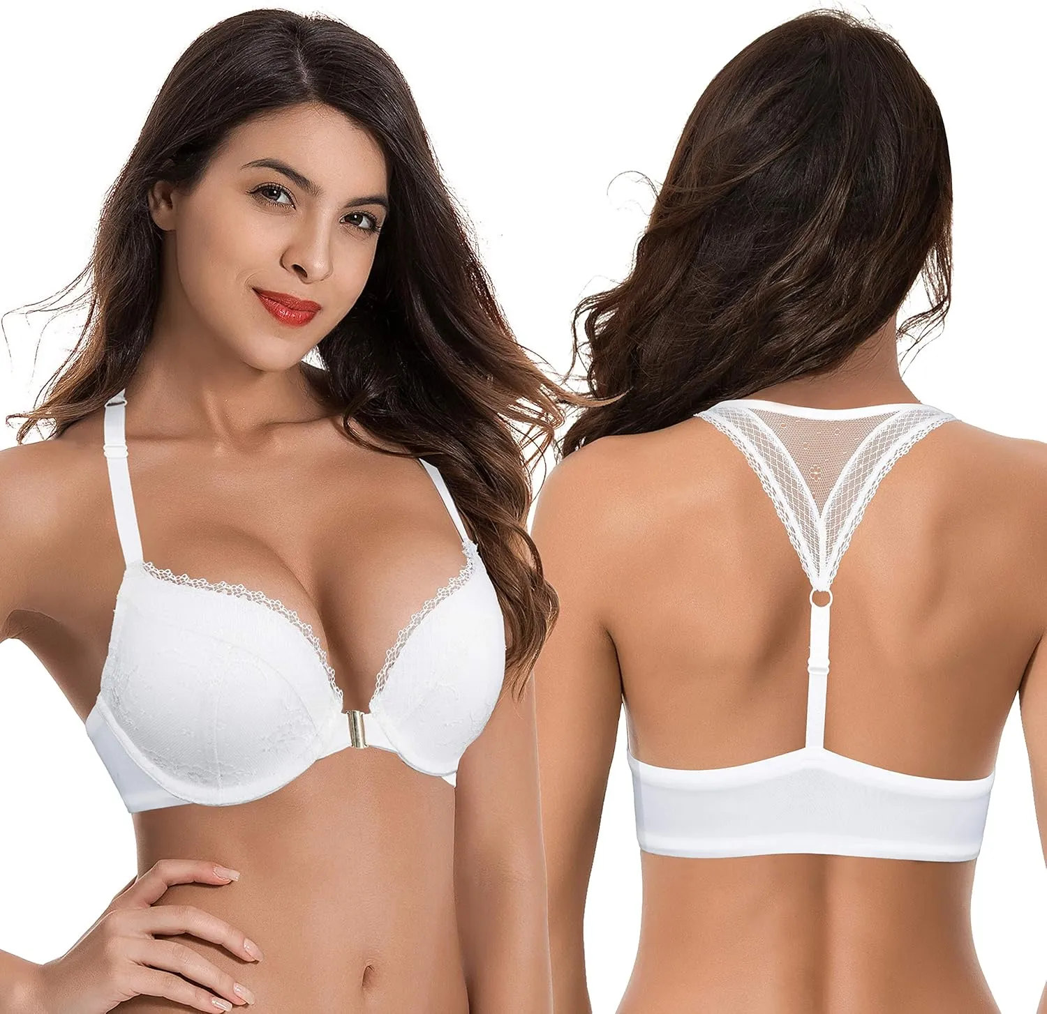 Curve Muse Women's Plus Size Push Up Add 1 Cup Underwire Halter Front Close Bras