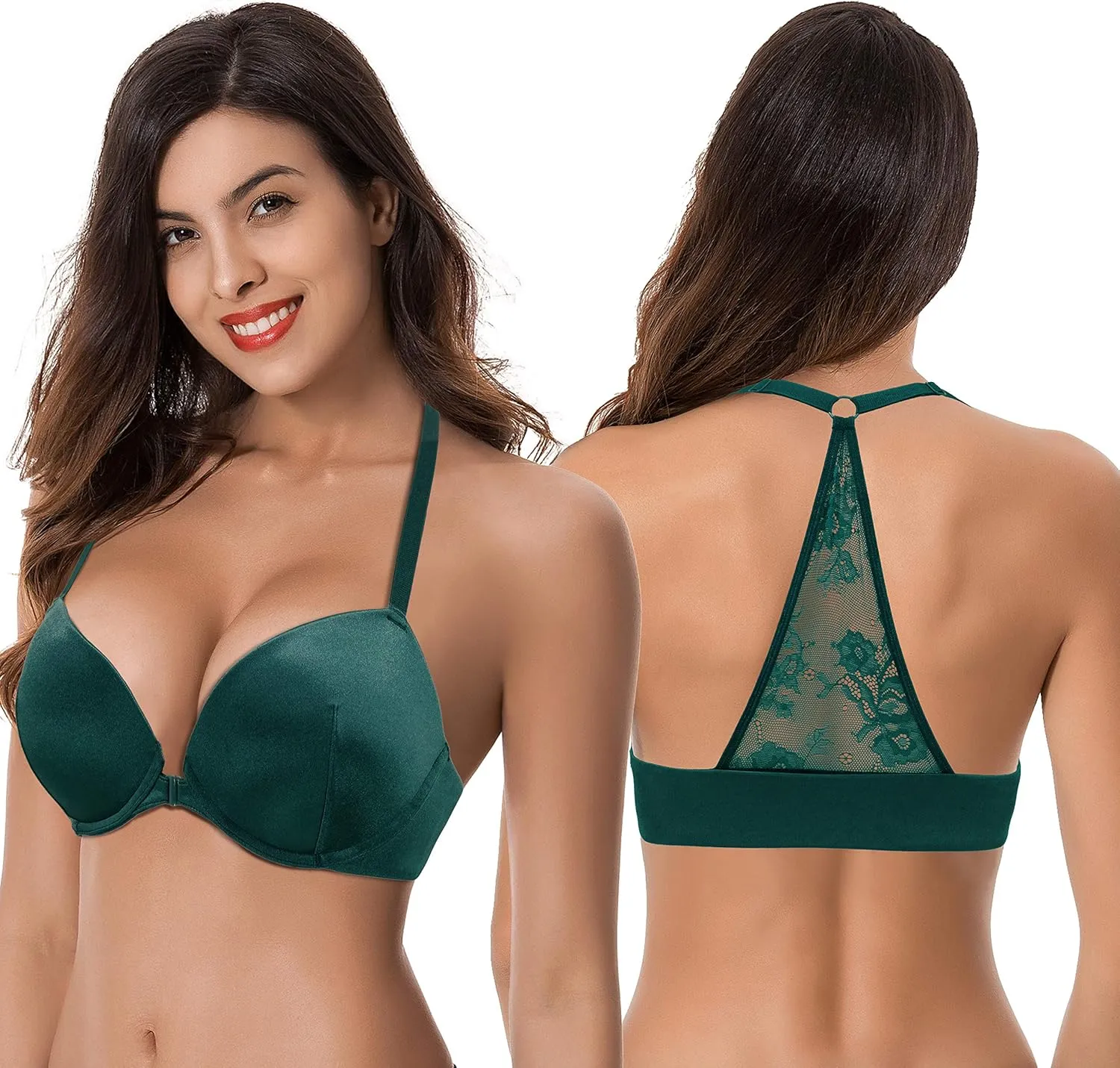 Curve Muse Womens Push Up Add 1 and a Half Cup Underwire Halter Front Close Bras