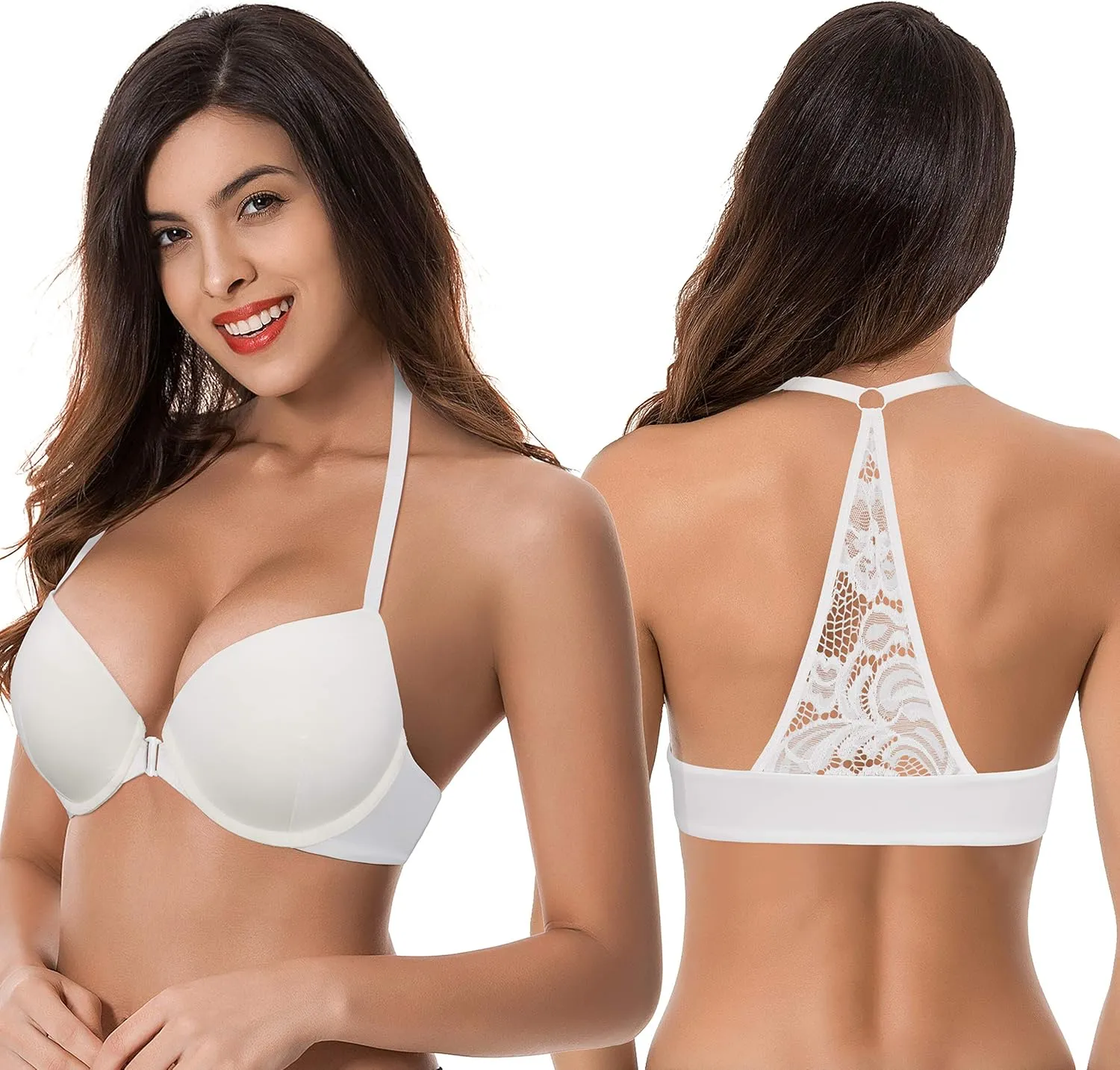 Curve Muse Womens Push Up Add 1 and a Half Cup Underwire Halter Front Close Bras