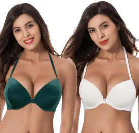 Curve Muse Womens Push Up Add 1 and a Half Cup Underwire Halter Front Close Bras