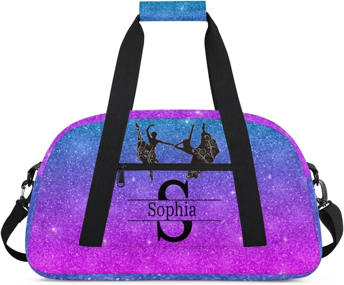 Custom Gym Dance Bag, Personalized Sports Bag for Teens Waterproof Weekender Carry on Training Travel Bag, Dark Glittering Blue and Purple Effect Background (Not real Glitter)