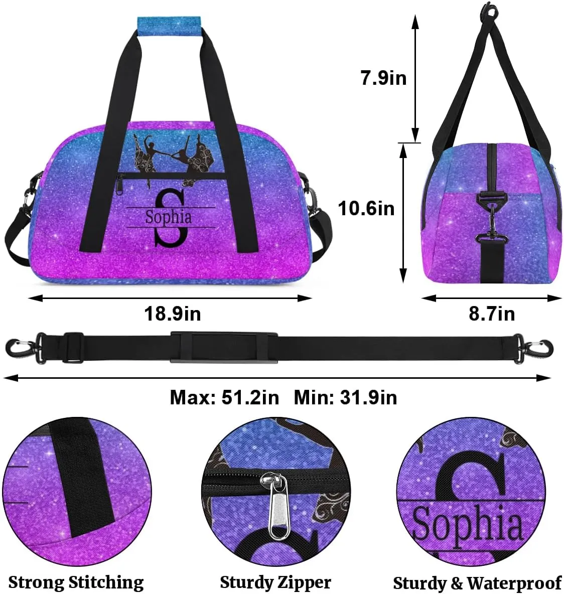 Custom Gym Dance Bag, Personalized Sports Bag for Teens Waterproof Weekender Carry on Training Travel Bag, Dark Glittering Blue and Purple Effect Background (Not real Glitter)