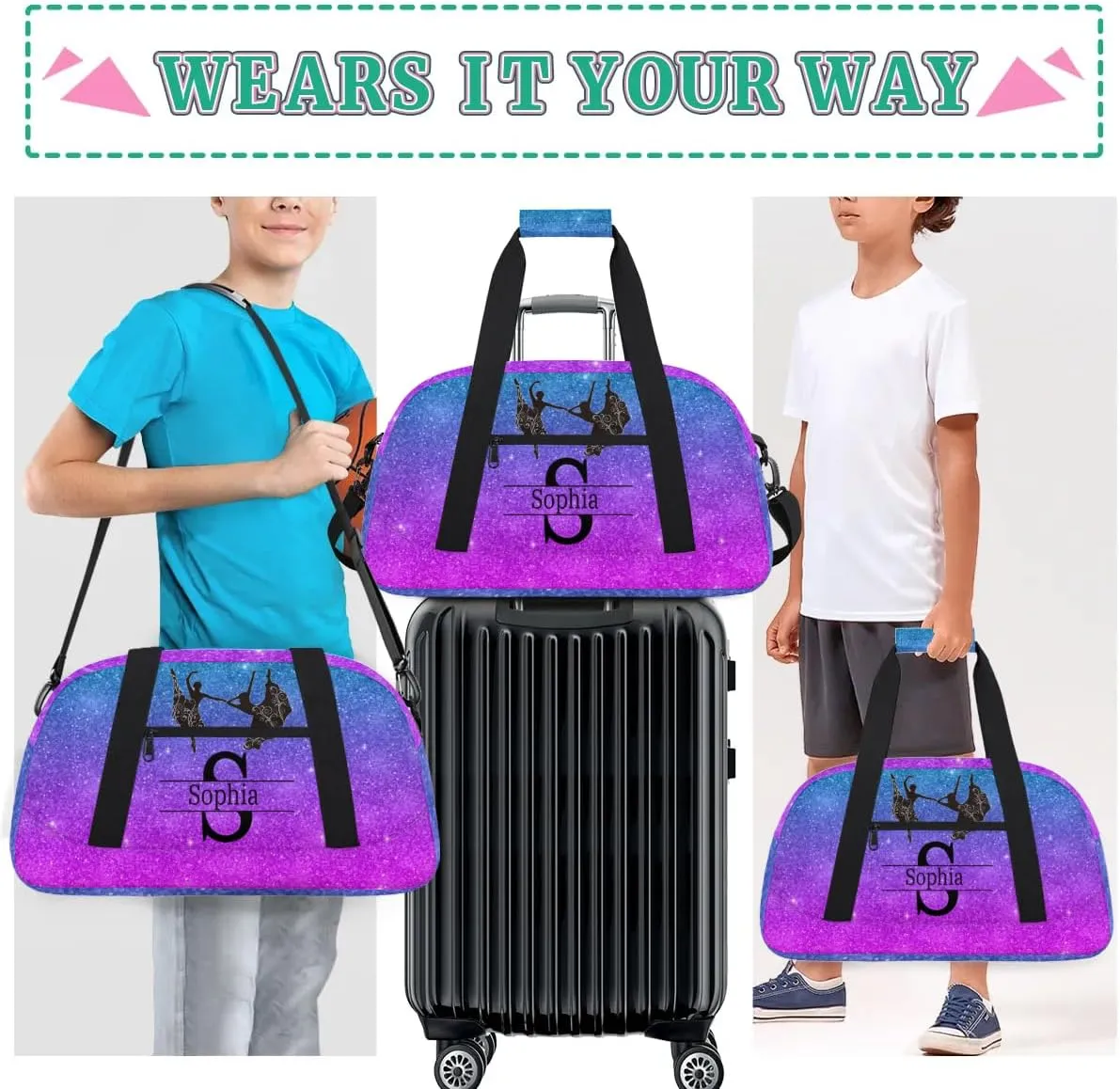 Custom Gym Dance Bag, Personalized Sports Bag for Teens Waterproof Weekender Carry on Training Travel Bag, Dark Glittering Blue and Purple Effect Background (Not real Glitter)