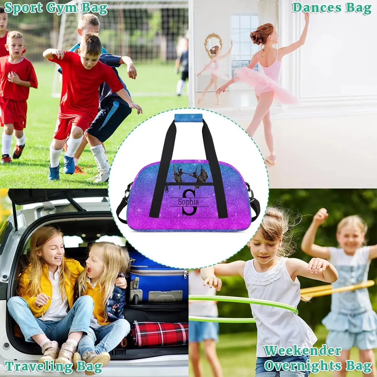 Custom Gym Dance Bag, Personalized Sports Bag for Teens Waterproof Weekender Carry on Training Travel Bag, Dark Glittering Blue and Purple Effect Background (Not real Glitter)