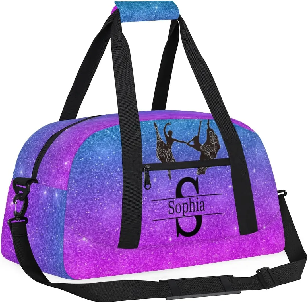 Custom Gym Dance Bag, Personalized Sports Bag for Teens Waterproof Weekender Carry on Training Travel Bag, Dark Glittering Blue and Purple Effect Background (Not real Glitter)