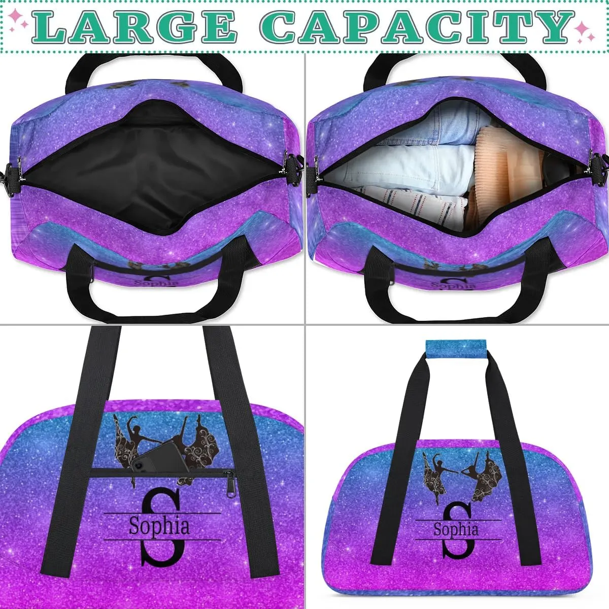 Custom Gym Dance Bag, Personalized Sports Bag for Teens Waterproof Weekender Carry on Training Travel Bag, Dark Glittering Blue and Purple Effect Background (Not real Glitter)