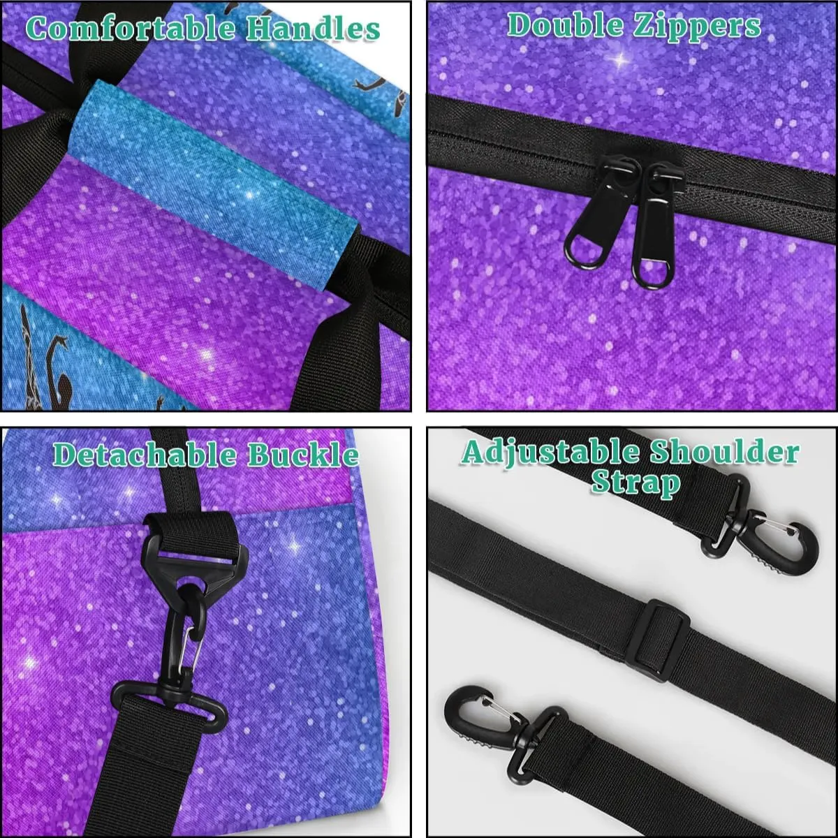 Custom Gym Dance Bag, Personalized Sports Bag for Teens Waterproof Weekender Carry on Training Travel Bag, Dark Glittering Blue and Purple Effect Background (Not real Glitter)