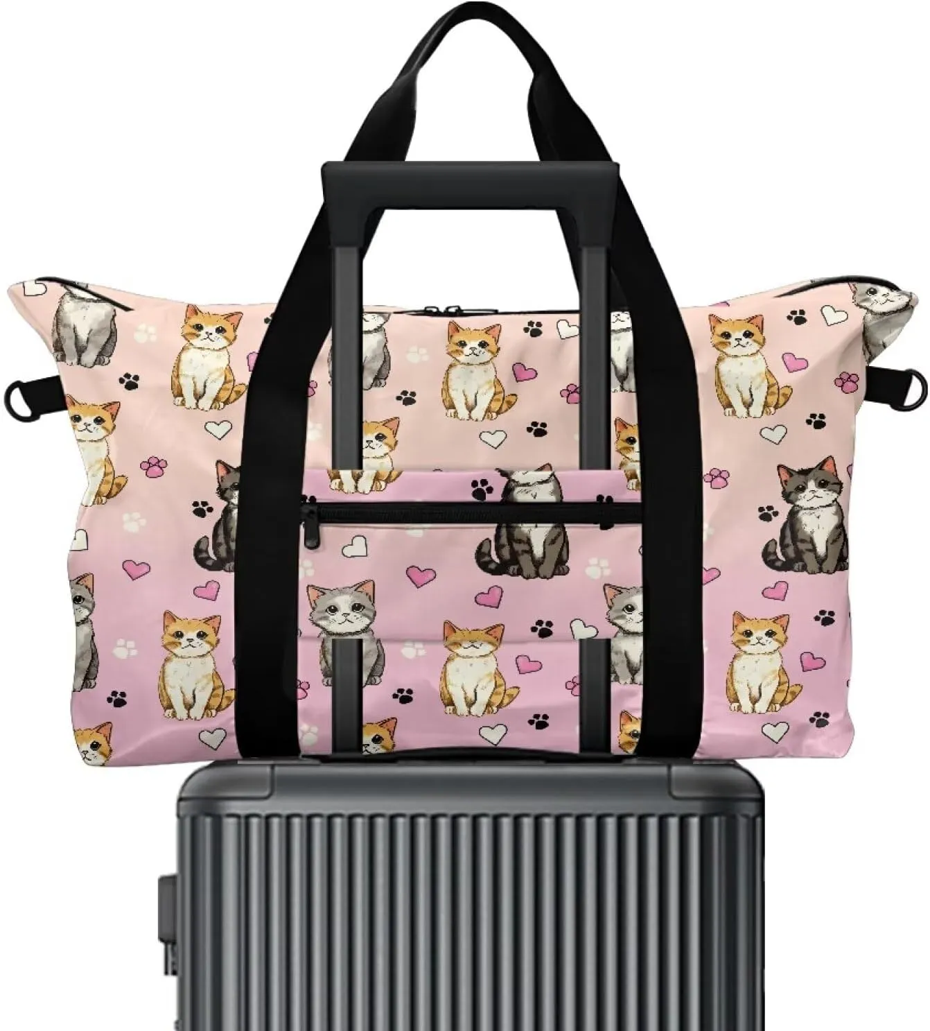 Cute Kittens Heart Print Travel Duffel Bag 22.24 x 6.3 x 13in - Weekender Lightweight Polyester Carry On Luggage with Side Zip Pocket, Adjustable Strap Travel Holdall for Men Women