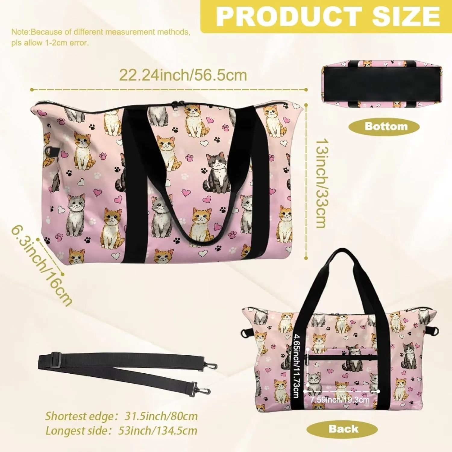 Cute Kittens Heart Print Travel Duffel Bag 22.24 x 6.3 x 13in - Weekender Lightweight Polyester Carry On Luggage with Side Zip Pocket, Adjustable Strap Travel Holdall for Men Women