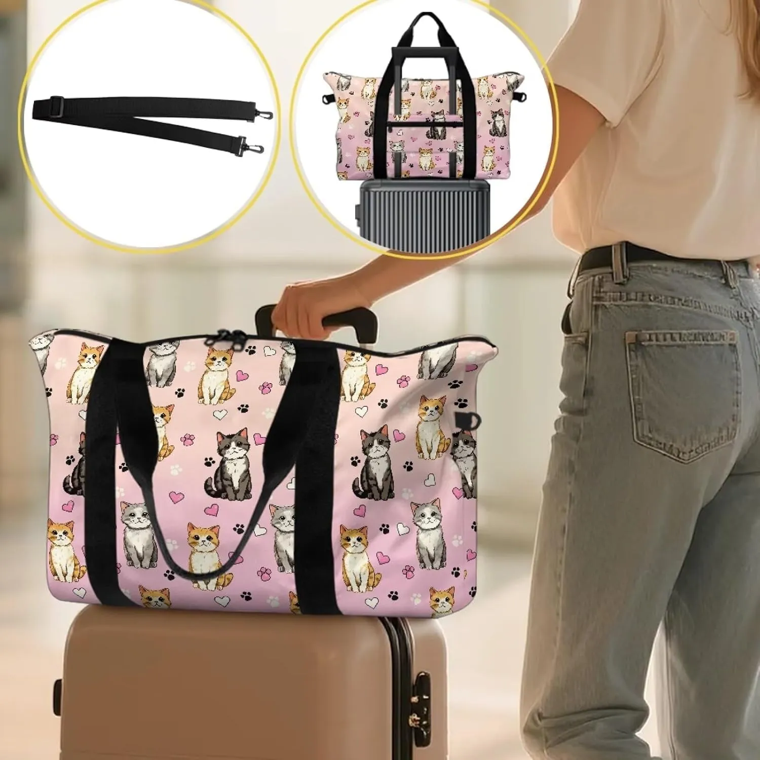 Cute Kittens Heart Print Travel Duffel Bag 22.24 x 6.3 x 13in - Weekender Lightweight Polyester Carry On Luggage with Side Zip Pocket, Adjustable Strap Travel Holdall for Men Women