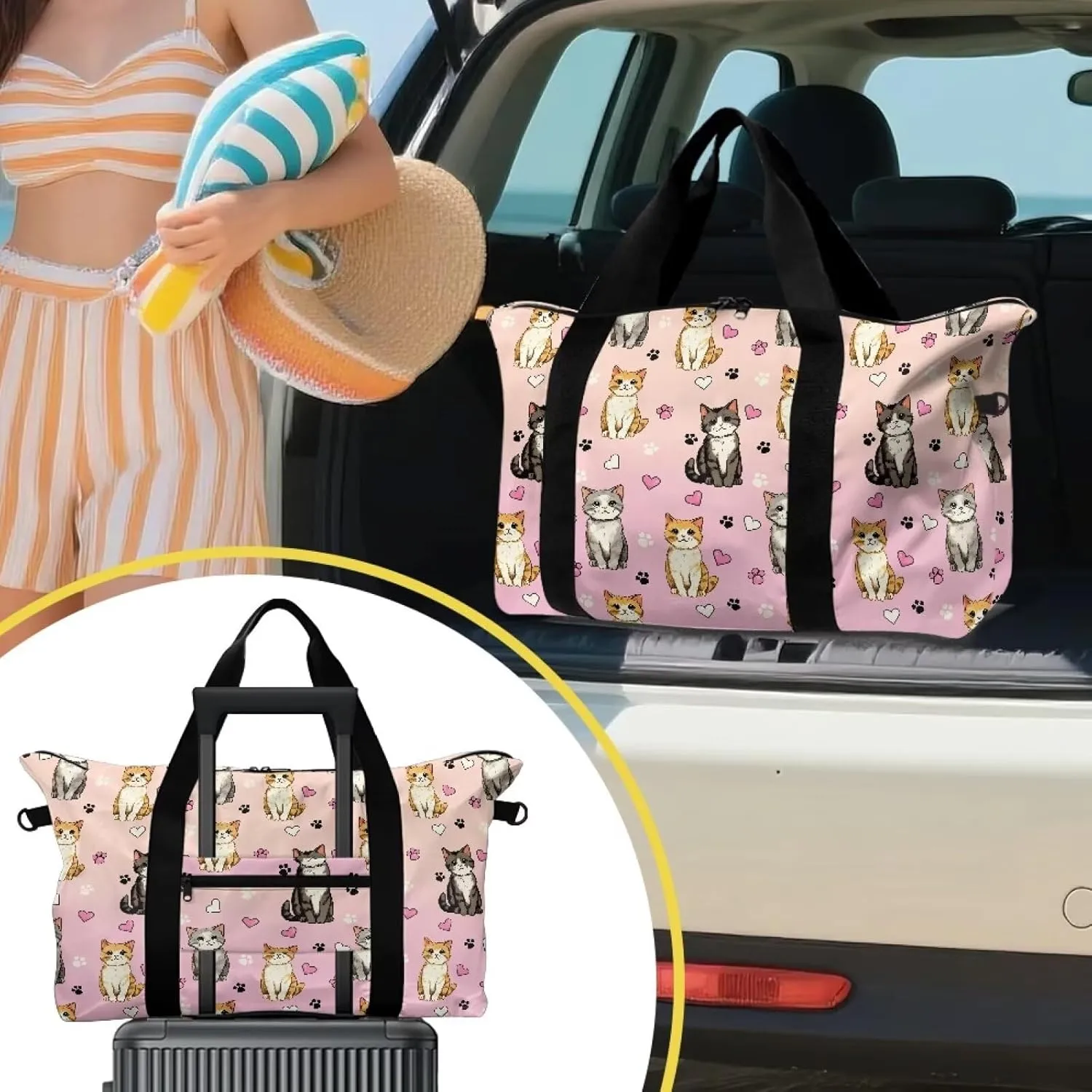 Cute Kittens Heart Print Travel Duffel Bag 22.24 x 6.3 x 13in - Weekender Lightweight Polyester Carry On Luggage with Side Zip Pocket, Adjustable Strap Travel Holdall for Men Women