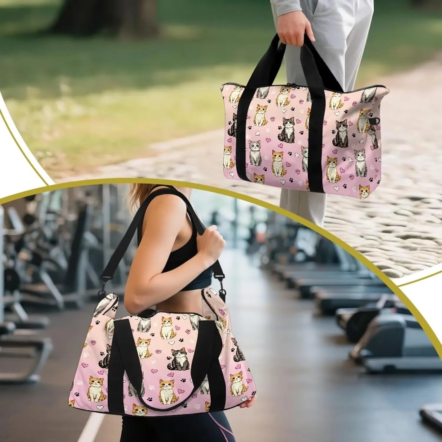 Cute Kittens Heart Print Travel Duffel Bag 22.24 x 6.3 x 13in - Weekender Lightweight Polyester Carry On Luggage with Side Zip Pocket, Adjustable Strap Travel Holdall for Men Women