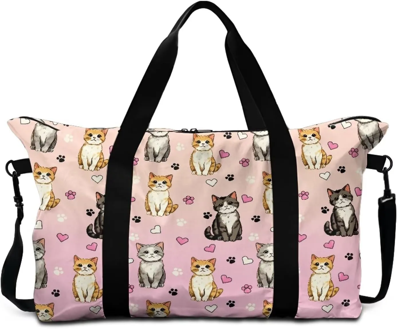 Cute Kittens Heart Print Travel Duffel Bag 22.24 x 6.3 x 13in - Weekender Lightweight Polyester Carry On Luggage with Side Zip Pocket, Adjustable Strap Travel Holdall for Men Women