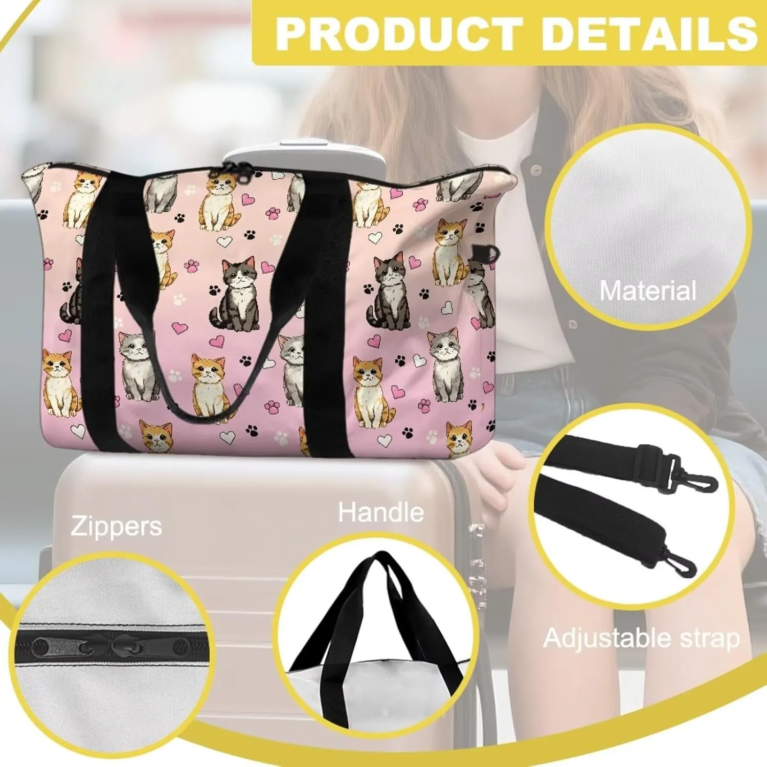 Cute Kittens Heart Print Travel Duffel Bag 22.24 x 6.3 x 13in - Weekender Lightweight Polyester Carry On Luggage with Side Zip Pocket, Adjustable Strap Travel Holdall for Men Women