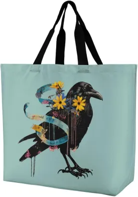 Floral Black Raven Blue Ribbon Large Tote Bag for Women Shoulder HandBag Shopping Purse for Travel Work Gym Floral Black Raven Blue Ribbon Large Tote Bag for Women Shoulder HandBag Shopping Purse for Travel Work Gym