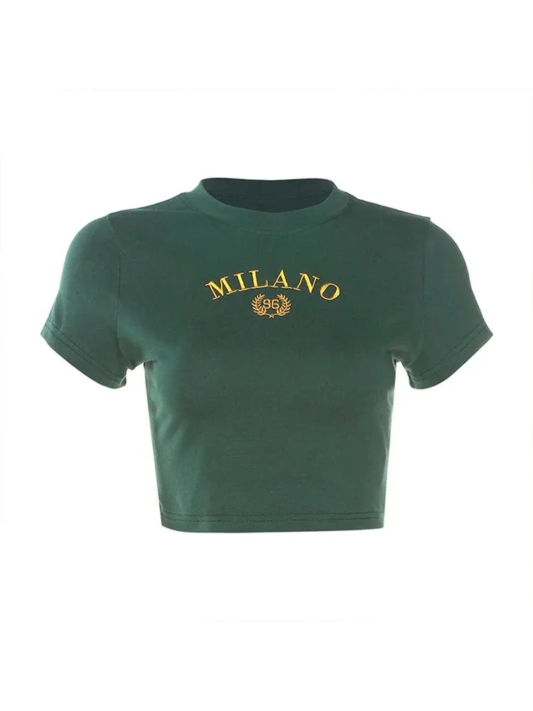 Green Crop Top with Embroidered Letter Print