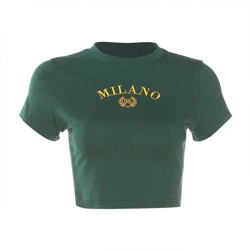 Green Crop Top with Embroidered Letter Print